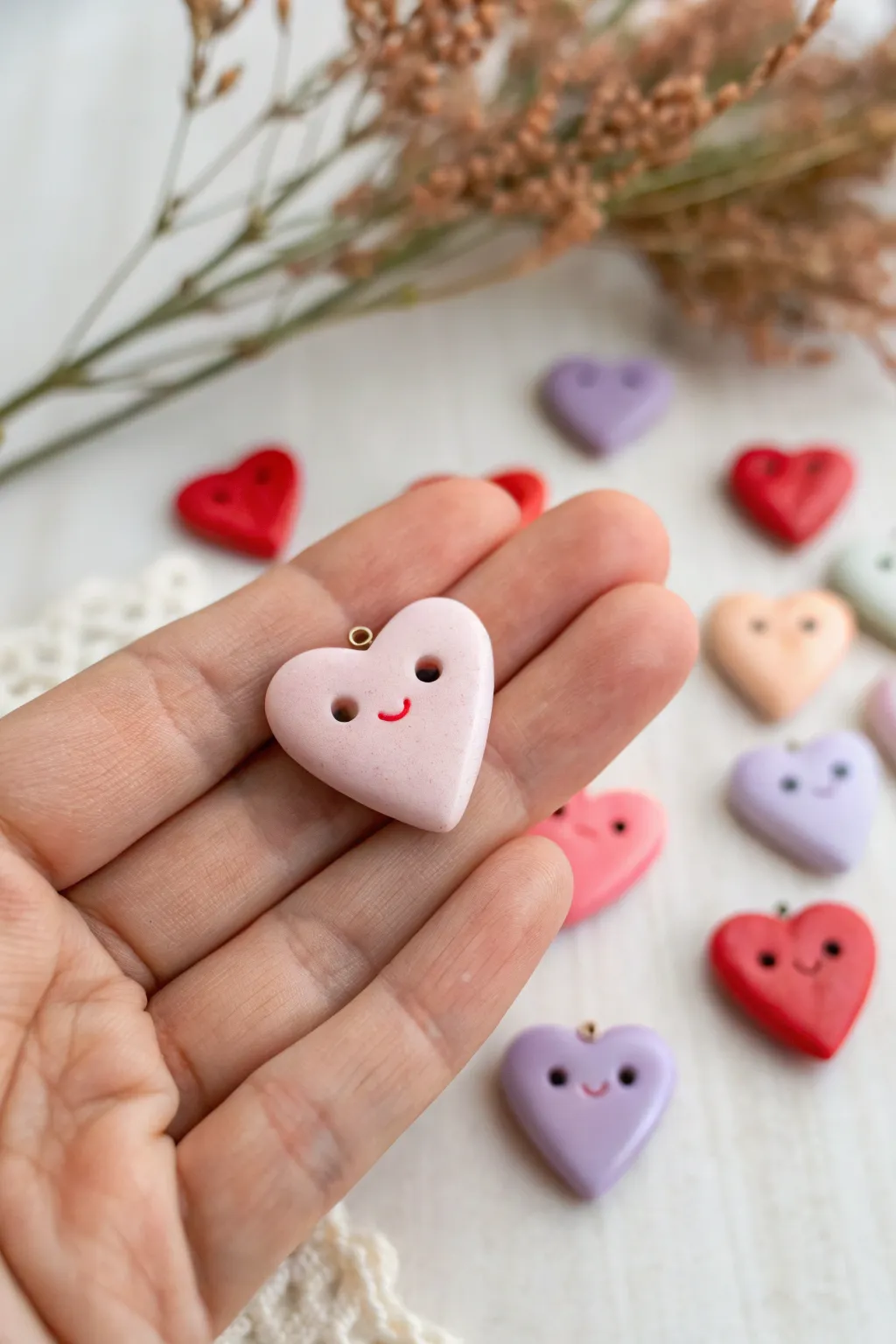 Tiny heart clay charm with blush cheeks—sweet, simple, and perfect for keychains or gifts.