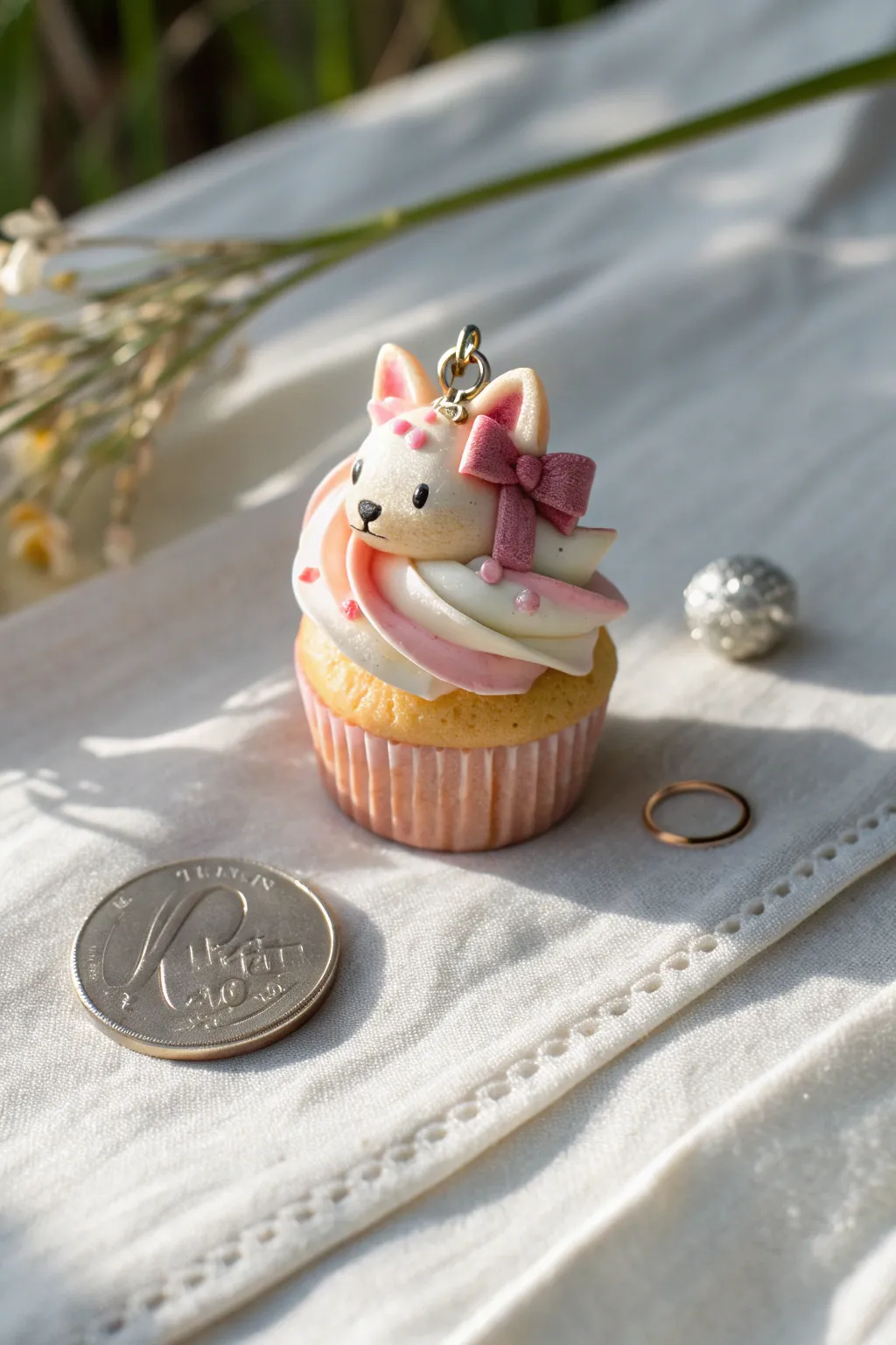 Pastel pink cupcake charm with tiny ears and bow, styled minimal with a coin for scale.