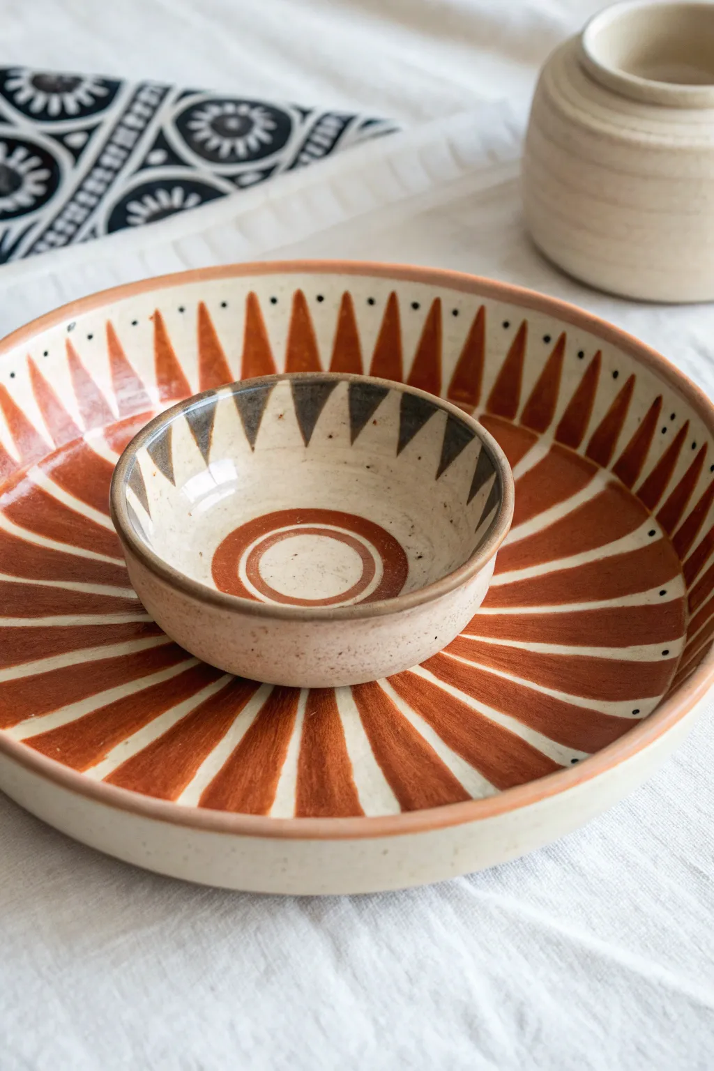 Sunburst chip and dip bowl design radiating from the dip well for bold, simple contrast.