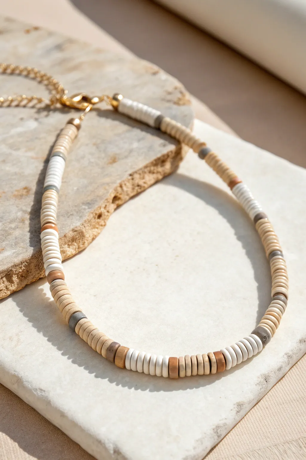 Neutral heishi choker in cream, tan, and warm gray for an effortless minimalist look.