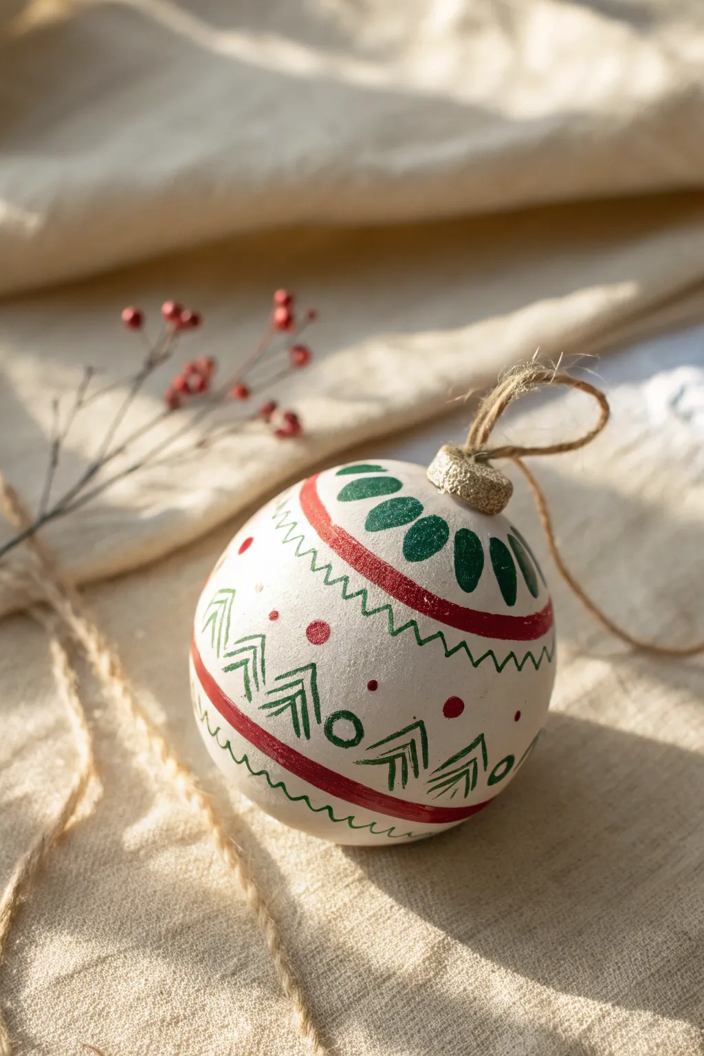 Round air clay bauble with simple red and green patterns for a minimalist Christmas tree.