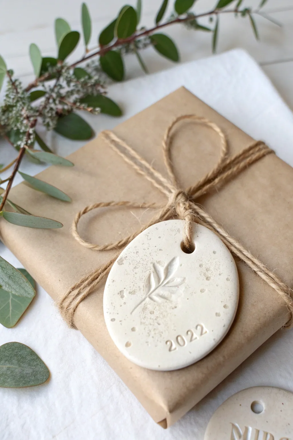Handmade air dry clay gift tag on simple kraft wrapping, twine and winter greenery for a personal touch