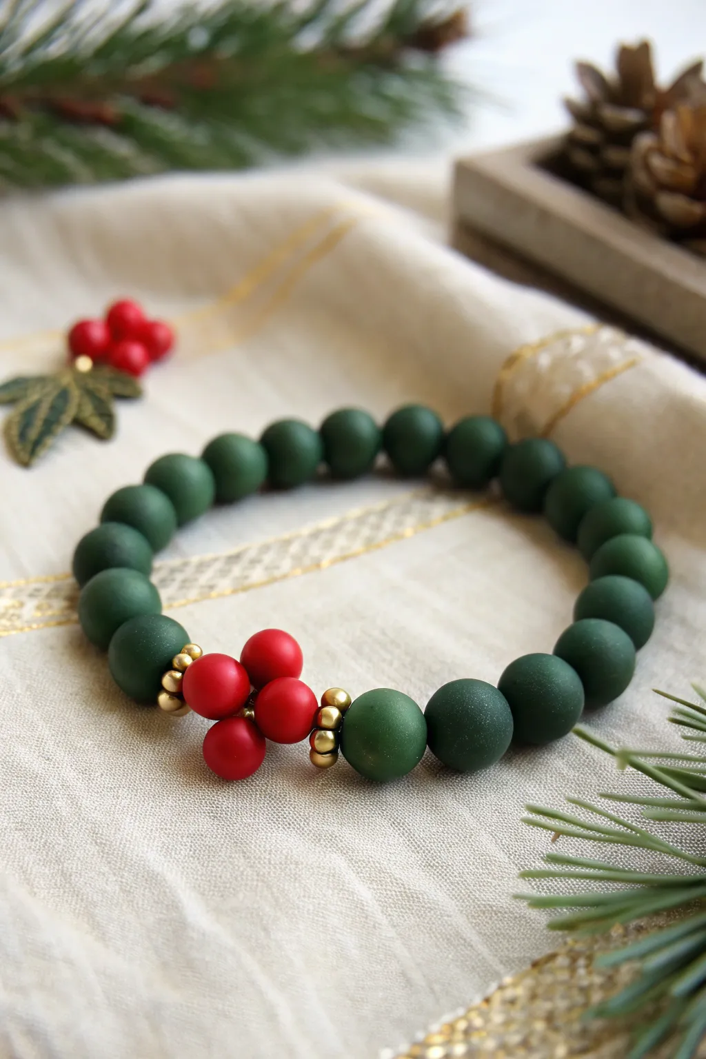 Deep green clay bead bracelet with red holly berry pops and gold spacers, minimalist holiday charm