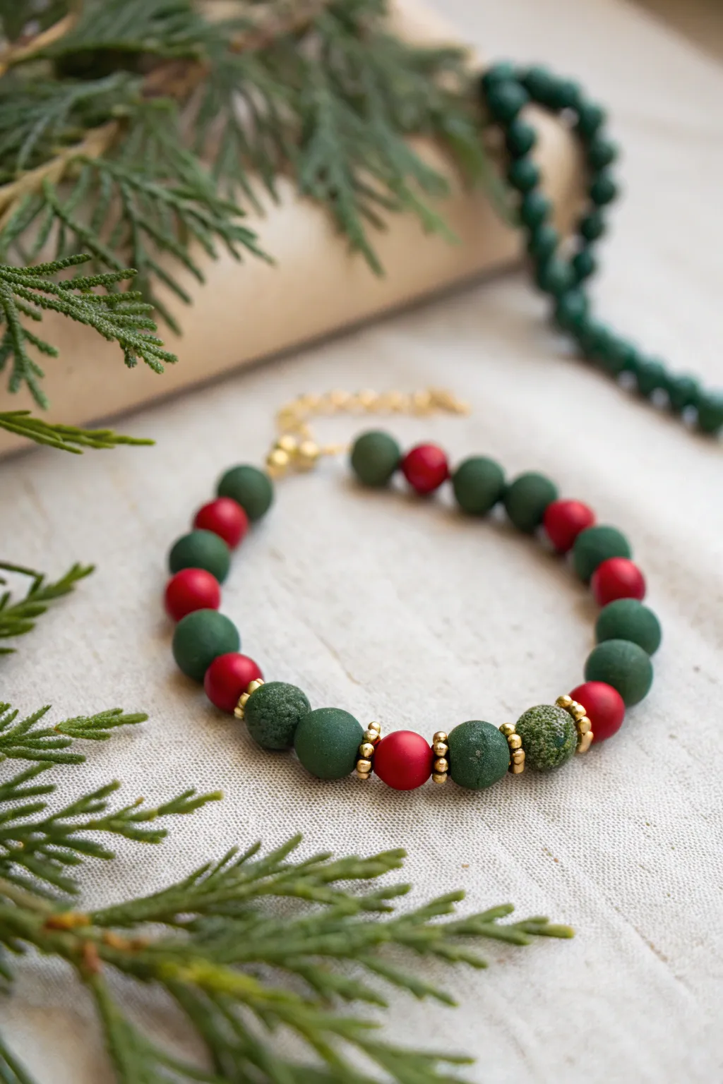 Minimal holly inspired clay bead bracelet with gold spacers, styled with an evergreen sprig.