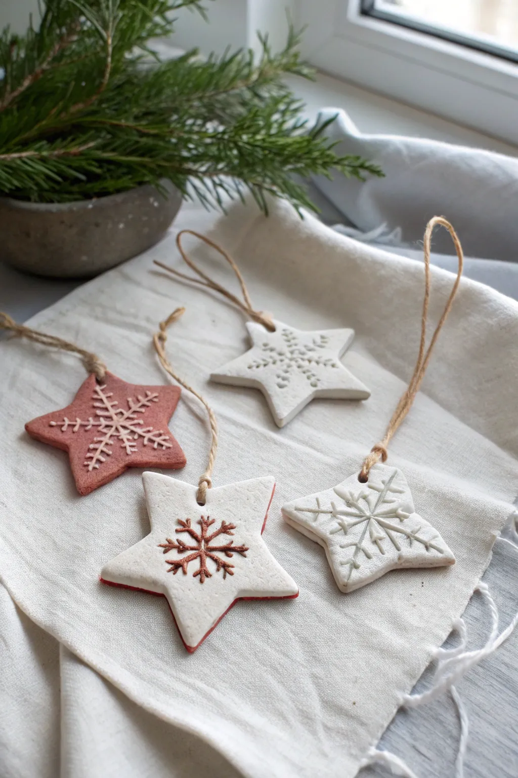 Minimal clay star and snowflake ornaments in soft winter tones, ready to hang on the tree.
