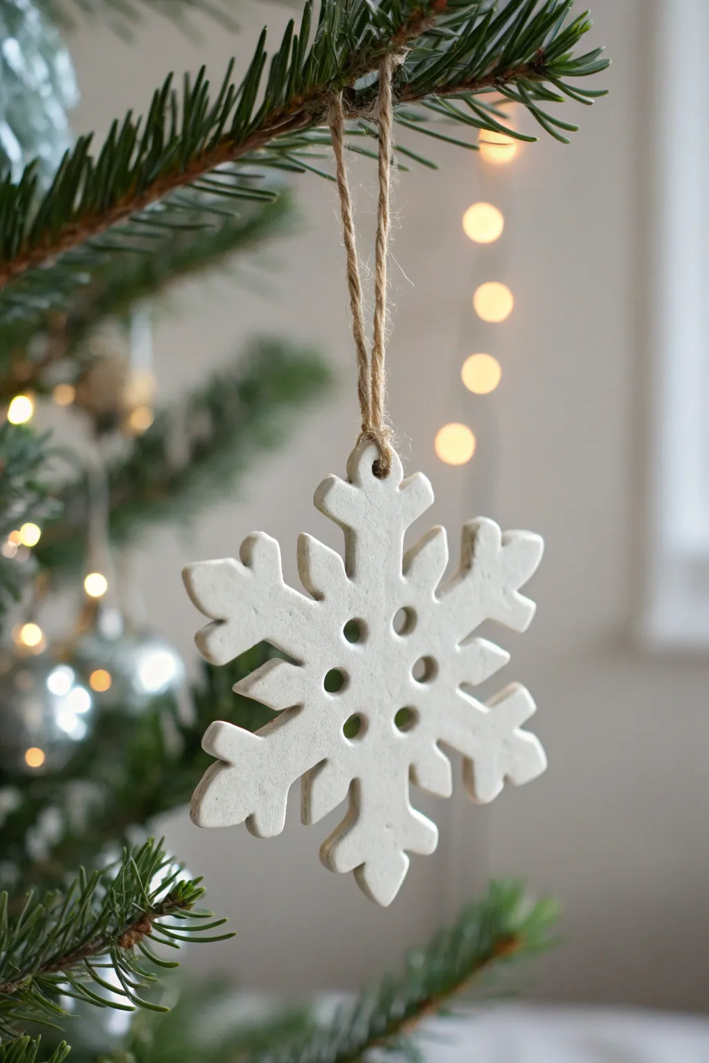 Minimal white clay snowflake ornament with simple cutouts, softly glowing tree bokeh behind.