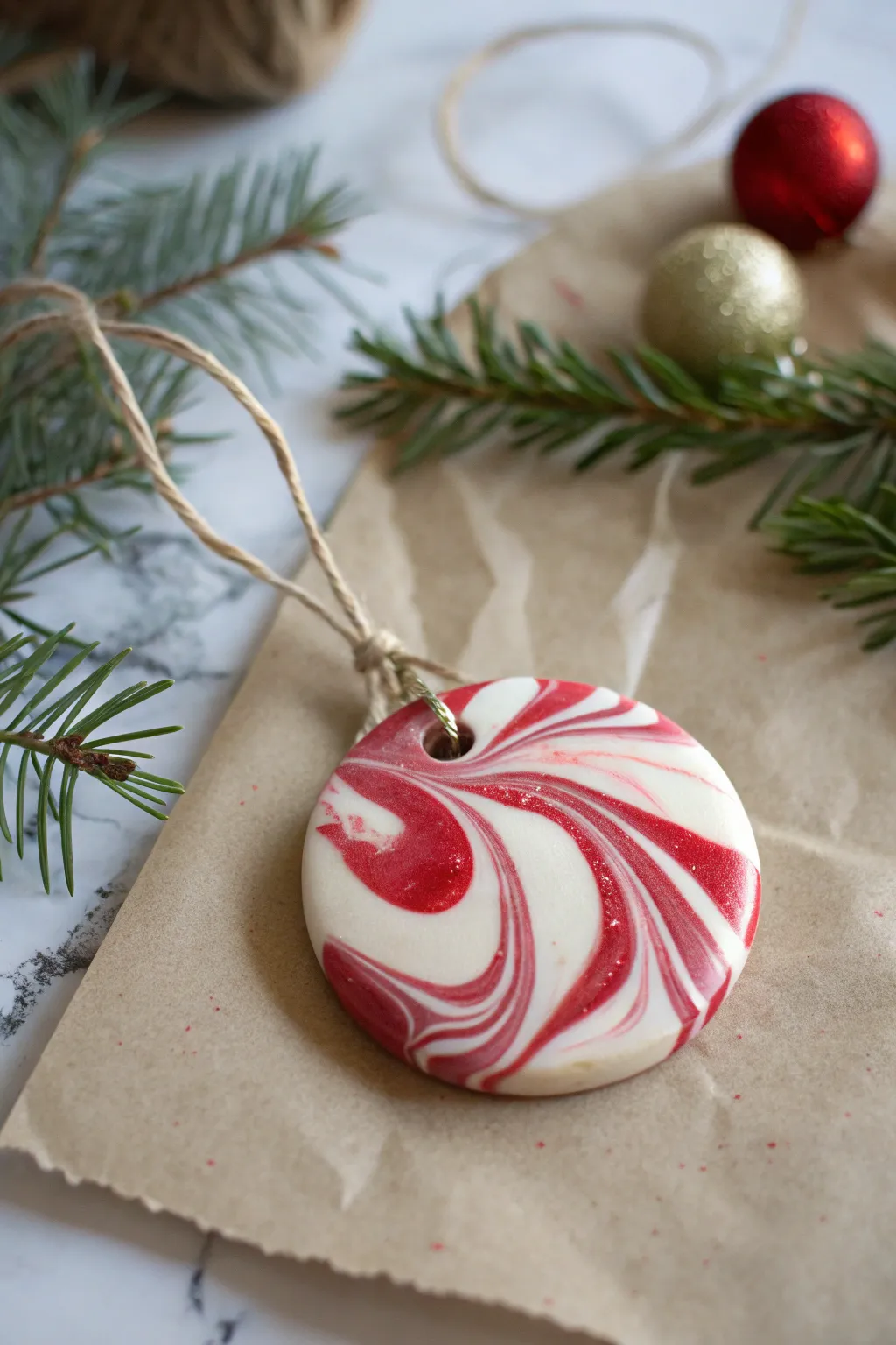 Glossy candy cane marble clay ornament with linen ribbon on kraft paper, minimalist and festive.