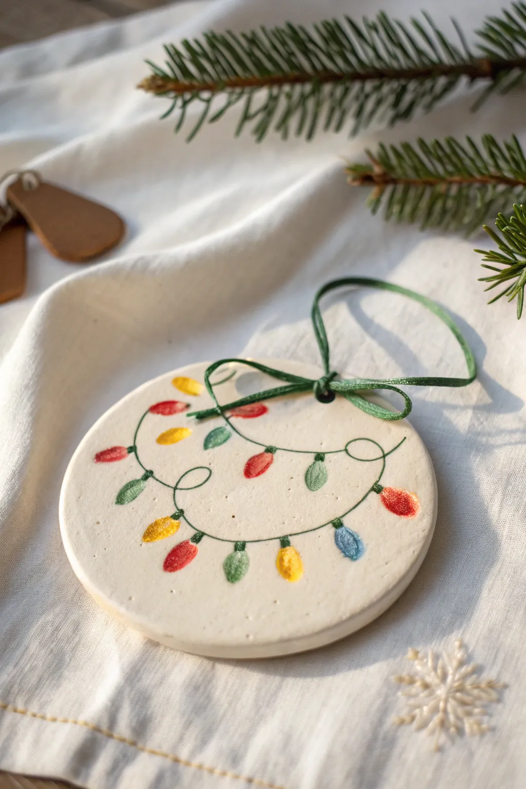 Sweet fingerprint light string ornament with a tiny clay bow, perfect for kids Christmas crafting.