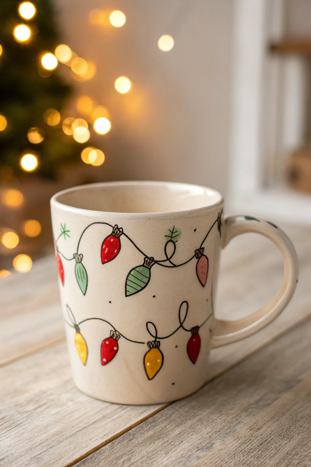 Cozy Christmas mug with hand painted string lights, minimal Scandinavian style and warm glow.