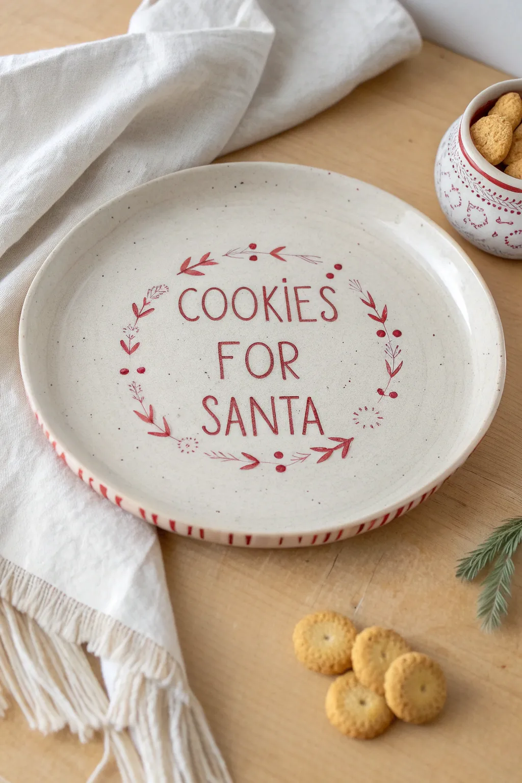 Minimalist Cookies for Santa plate with candy cane red accents, ready for a cozy Christmas night.