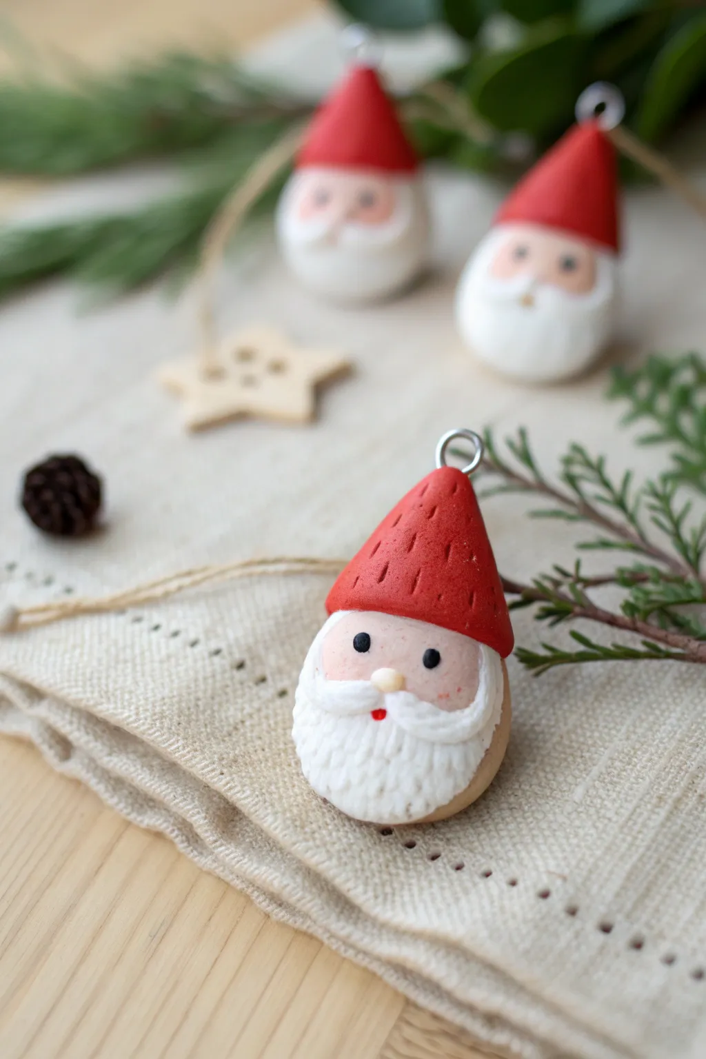 Mini Santa clay charm with simple beard and hat, styled in cozy Scandinavian holiday tones.