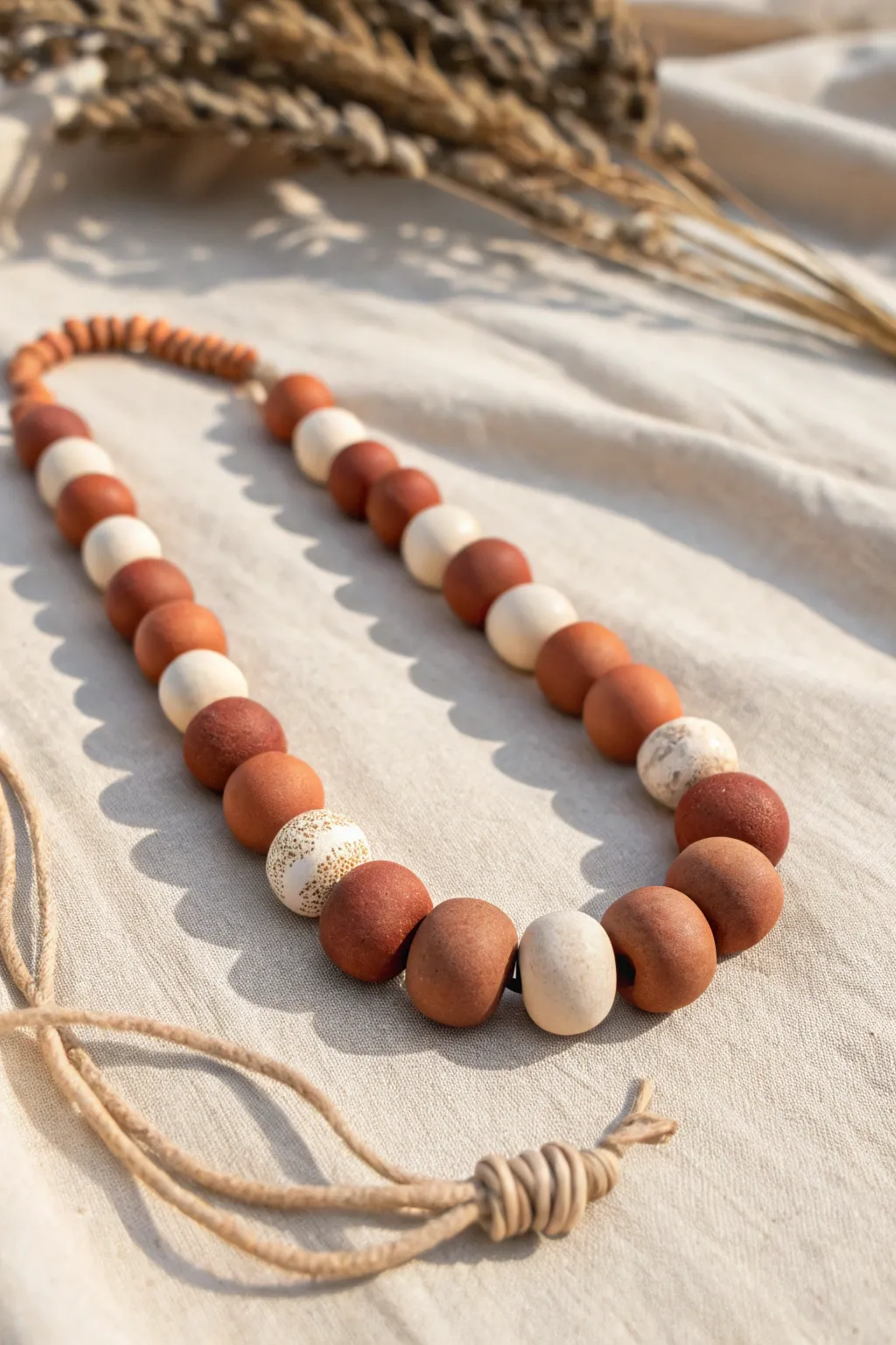 Chunky clay bead necklace in warm earthy tones, minimalist flat lay with cozy handmade charm