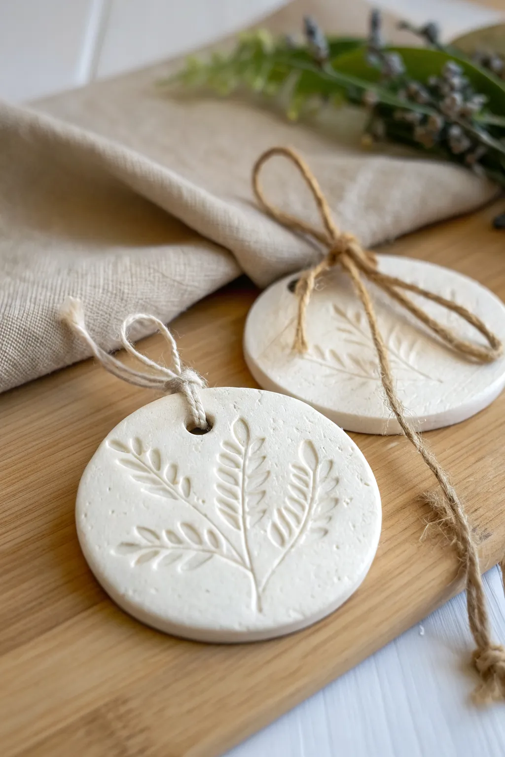 Minimal stamped clay ornament with twine, crisp texture and soft Scandinavian boho styling.