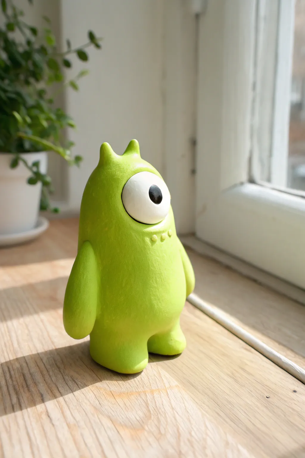 Sweet cyclops clay blob alien with a satin finish, minimalist styling and cozy boho vibe.