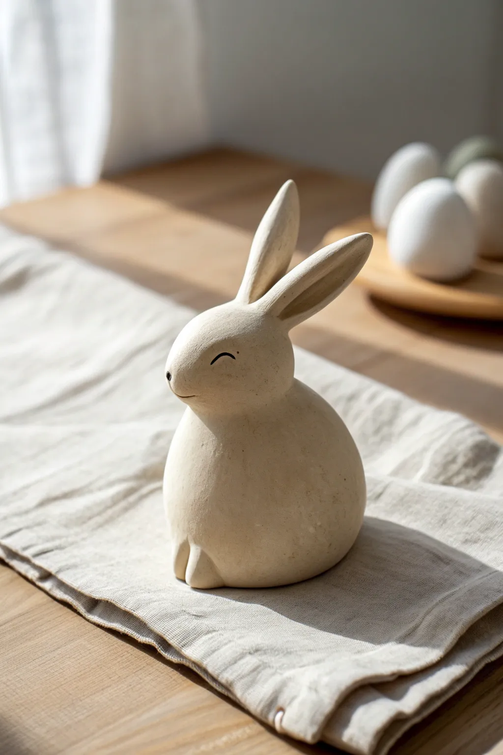 Chubby long-eared clay bunny, smooth and minimal, a cozy Scandinavian-boho accent