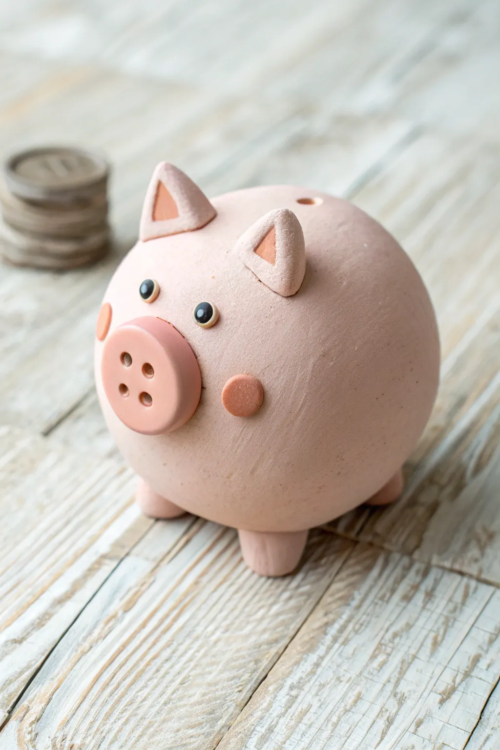 Round clay pig with a button snout and rosy cheeks in a calm Scandinavian boho setting