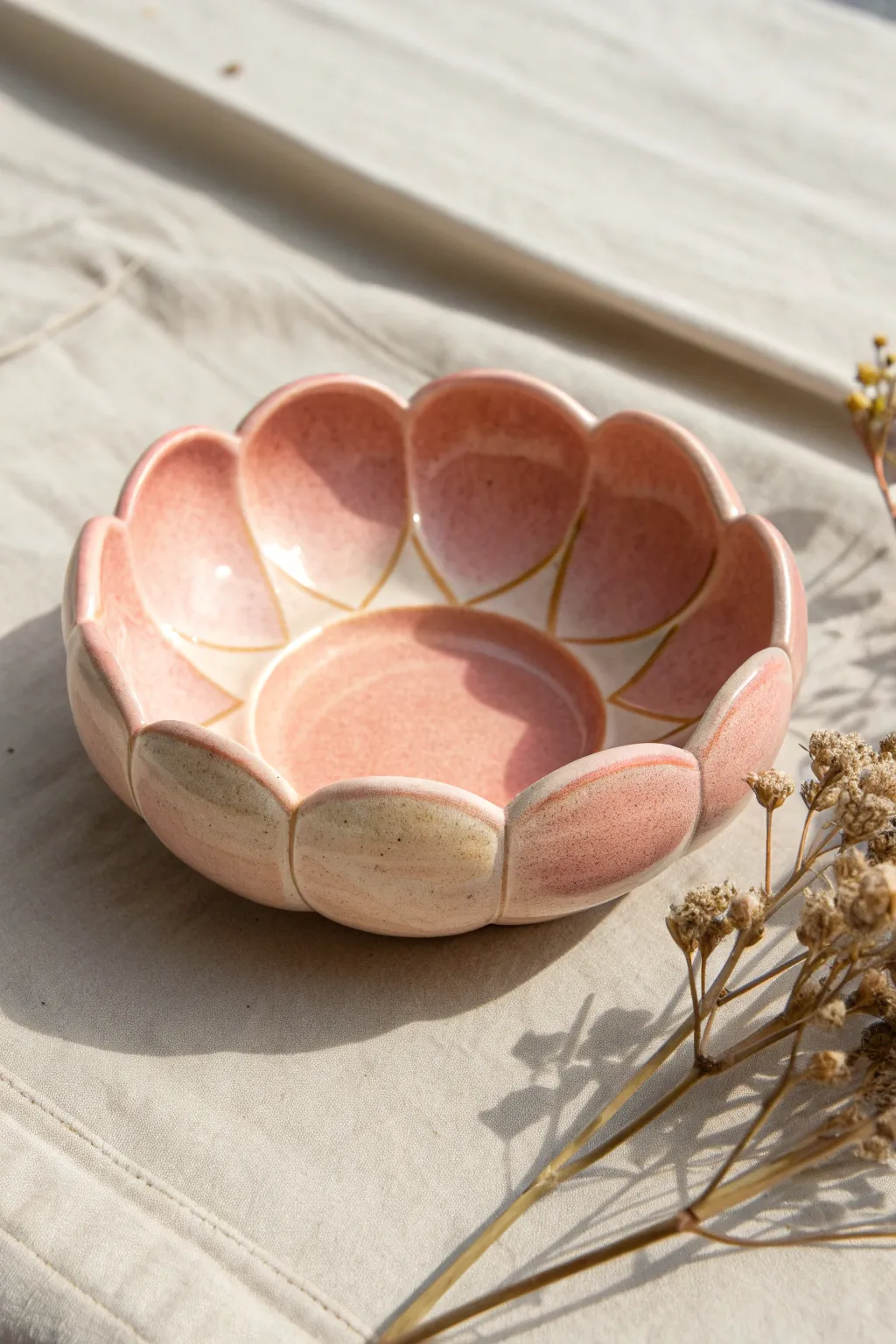 Soft pastel flower-petal clay ashtray with glossy glaze and sculpted rests, calm and minimal.