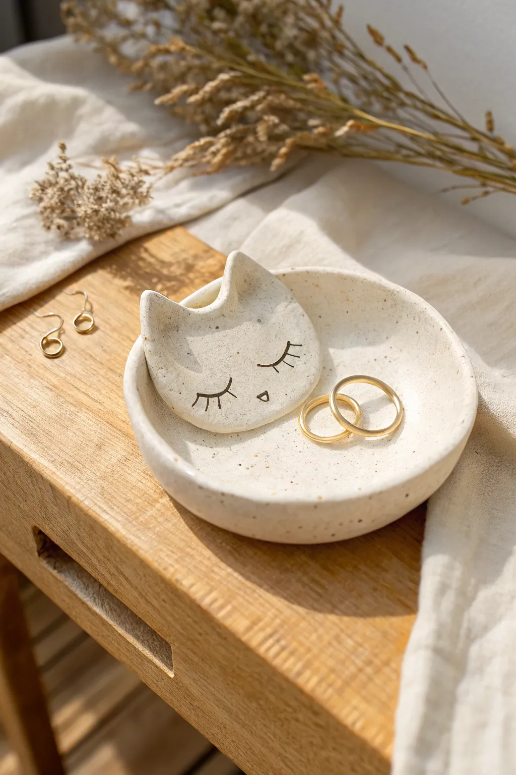 Sleepy cat clay trinket dish for rings and pins, minimalist bedside charm with cozy boho vibes