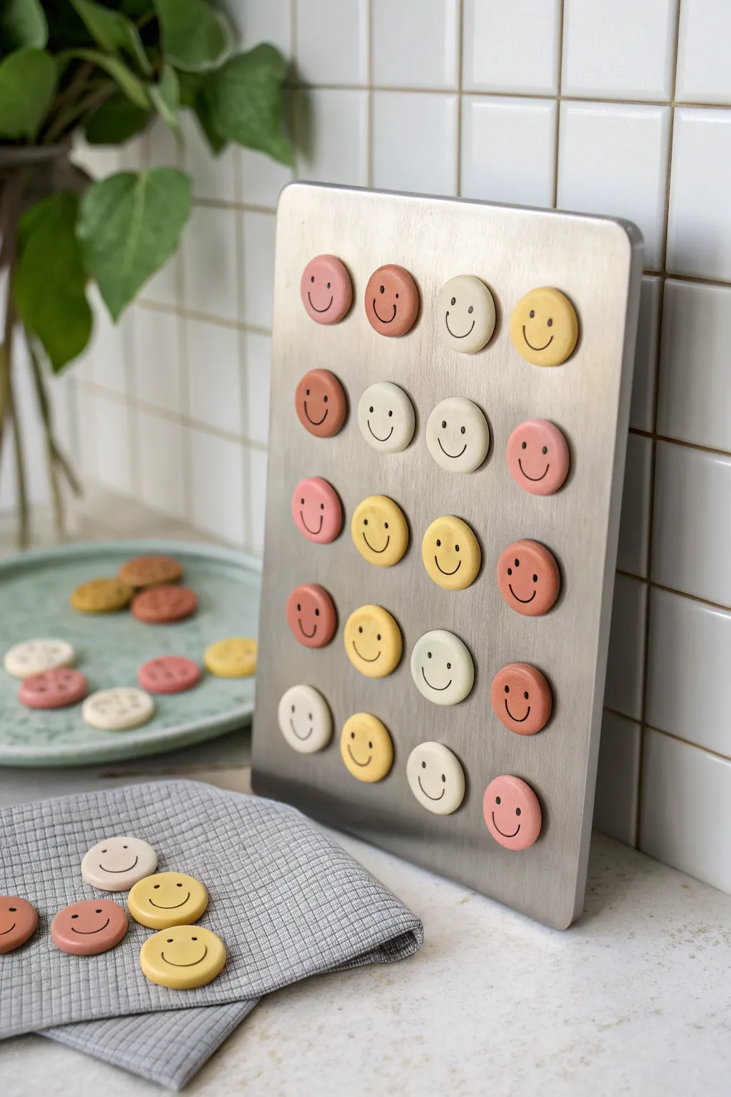 Handcrafted clay smiley magnets in soft pastels, a minimalist boho touch for your fridge.