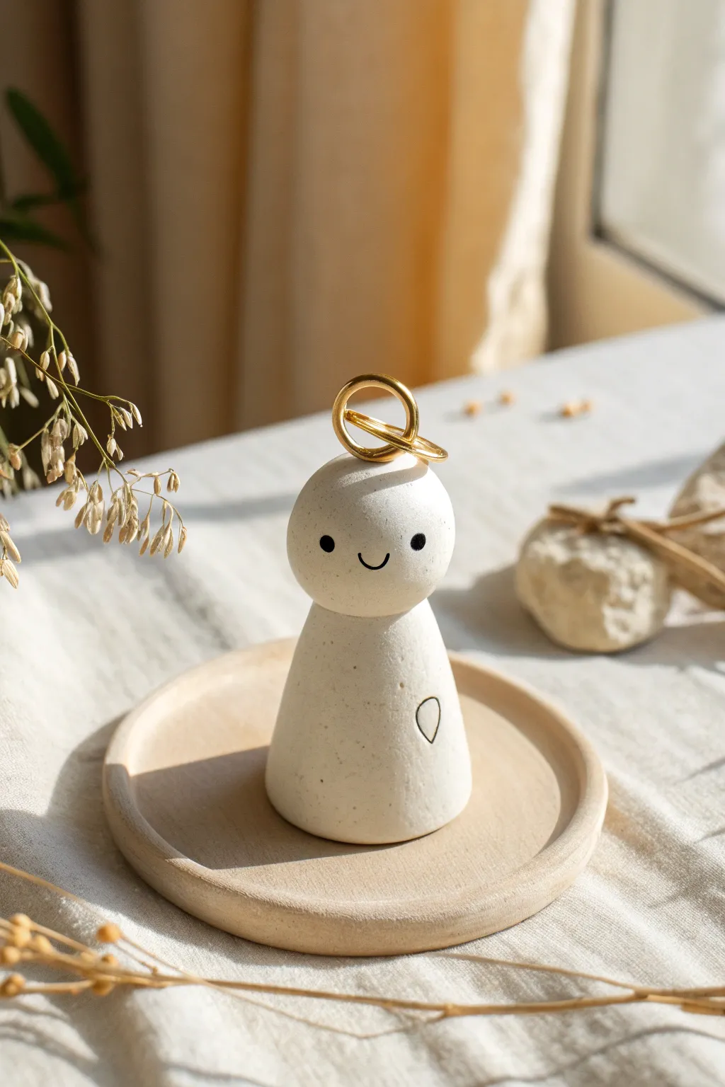 Sweet kawaii clay character ring holder with minimalist boho vibes, softly lit and handmade
