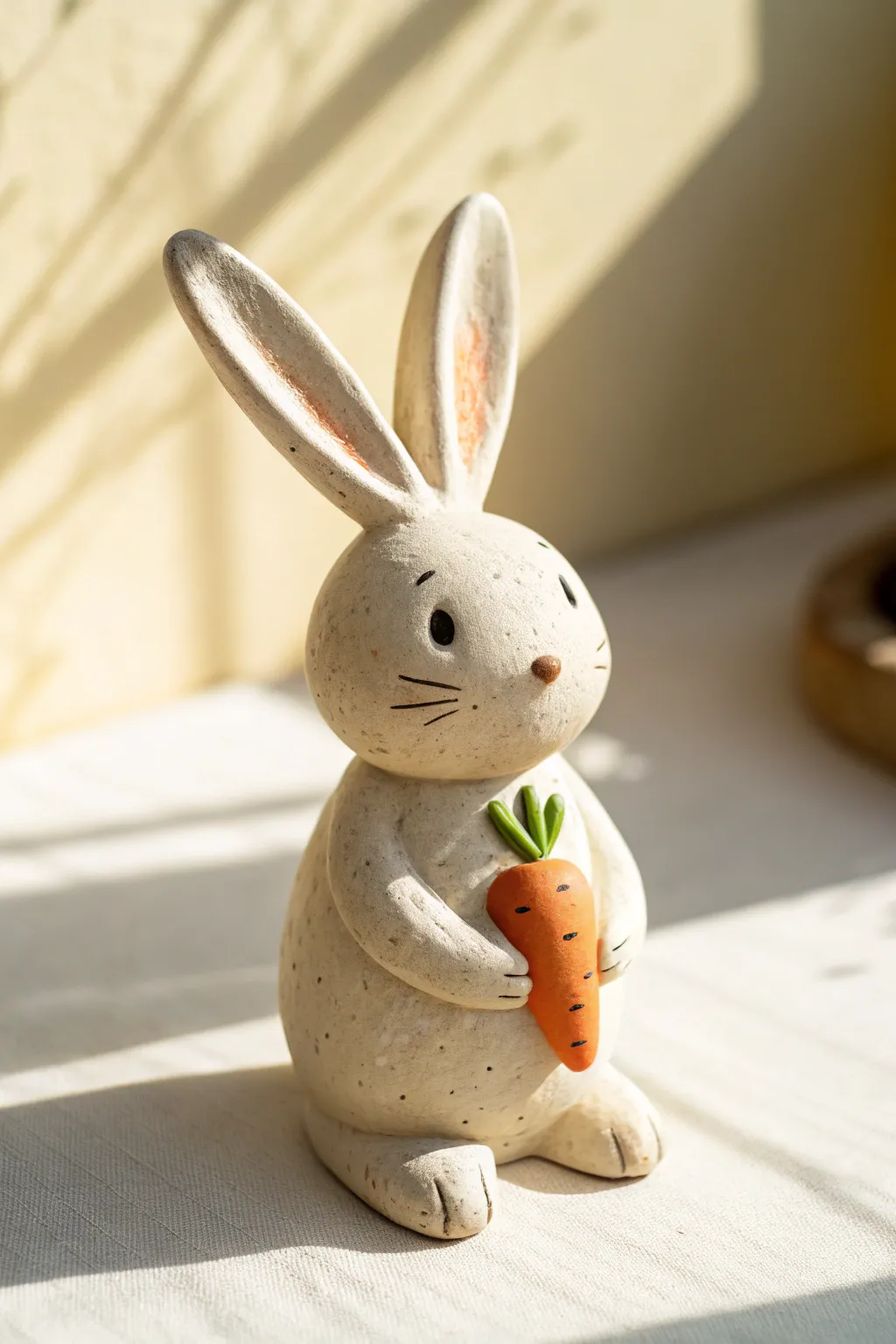 Round clay bunny hugging a tiny carrot, minimal and sweet in soft Scandinavian pastel tones.