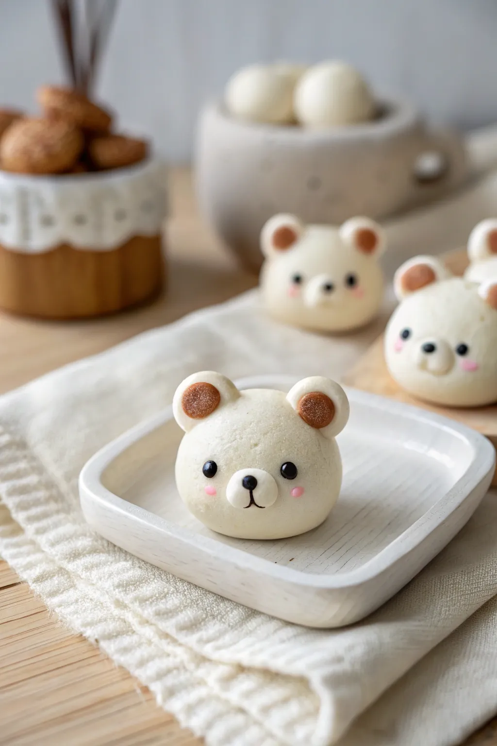 Kawaii bear head clay charms in soft neutrals, minimalist and cute for sweet little keychains.