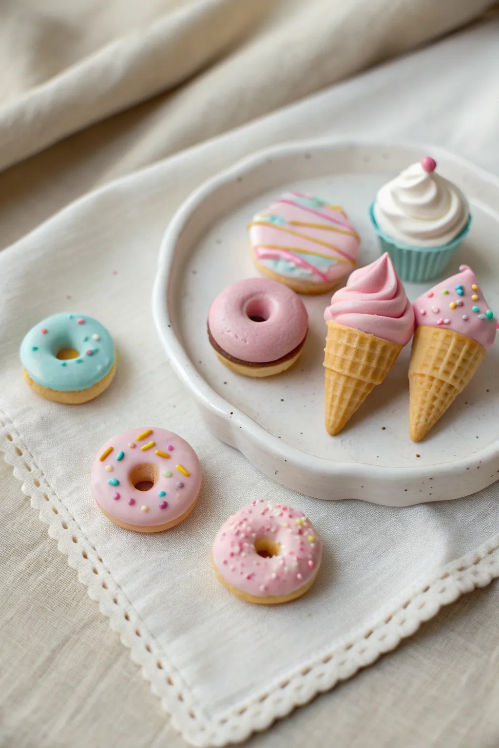 Pastel mini clay donuts, cupcakes, and cones on a white plate for sweet pretend play.