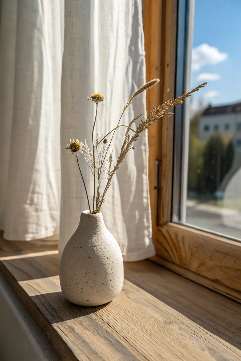 Simple pinch pot bud vase in warm morning light, a minimal boho touch for any shelf.