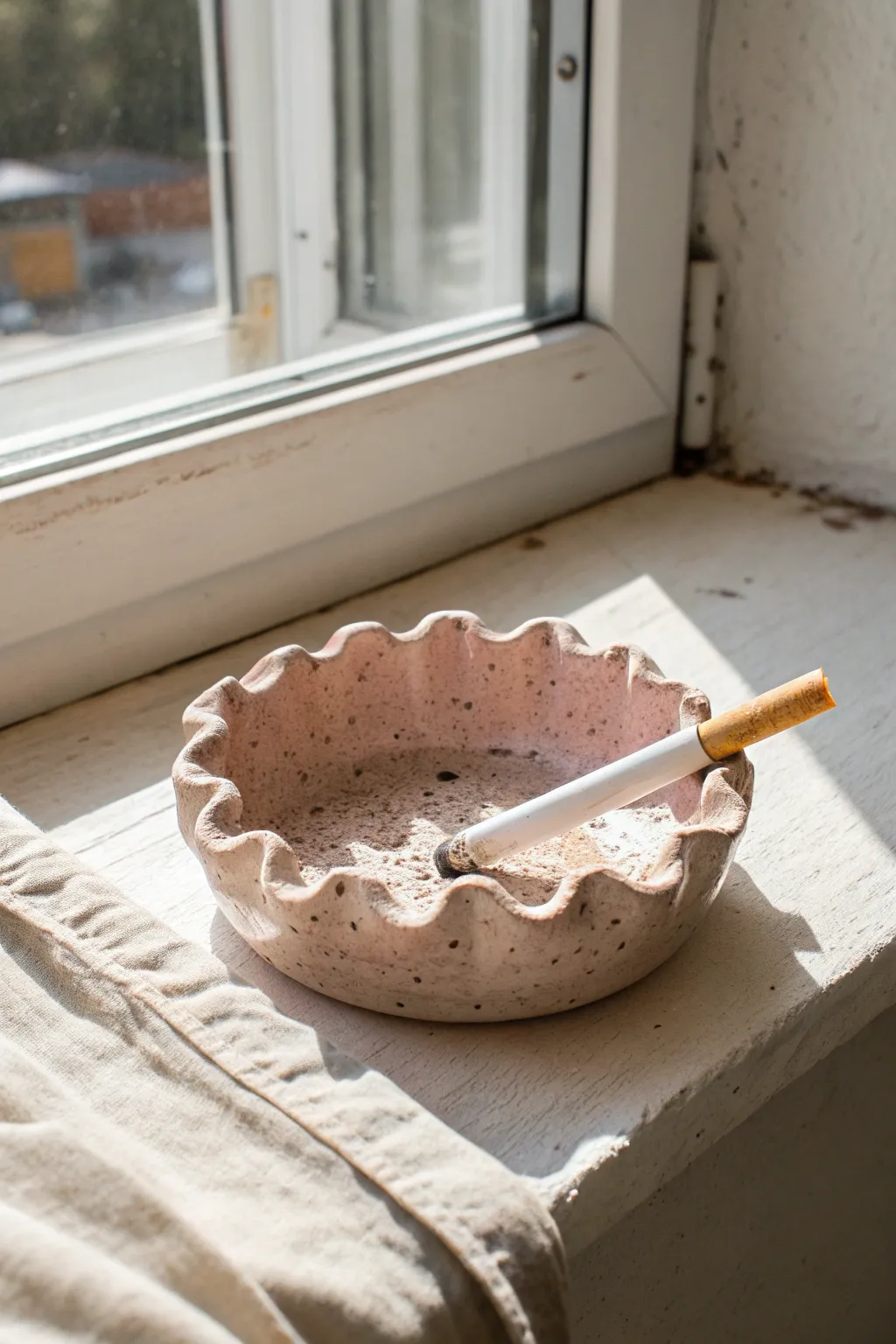 Sweet scalloped rim clay ashtray in blush pastel, minimal styling for a soft girly vibe