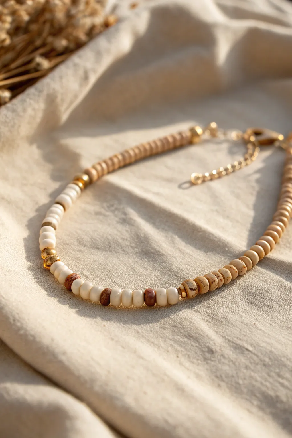Neutral sand-and-cream heishi bead anklet with soft browns for effortless boho minimalism.