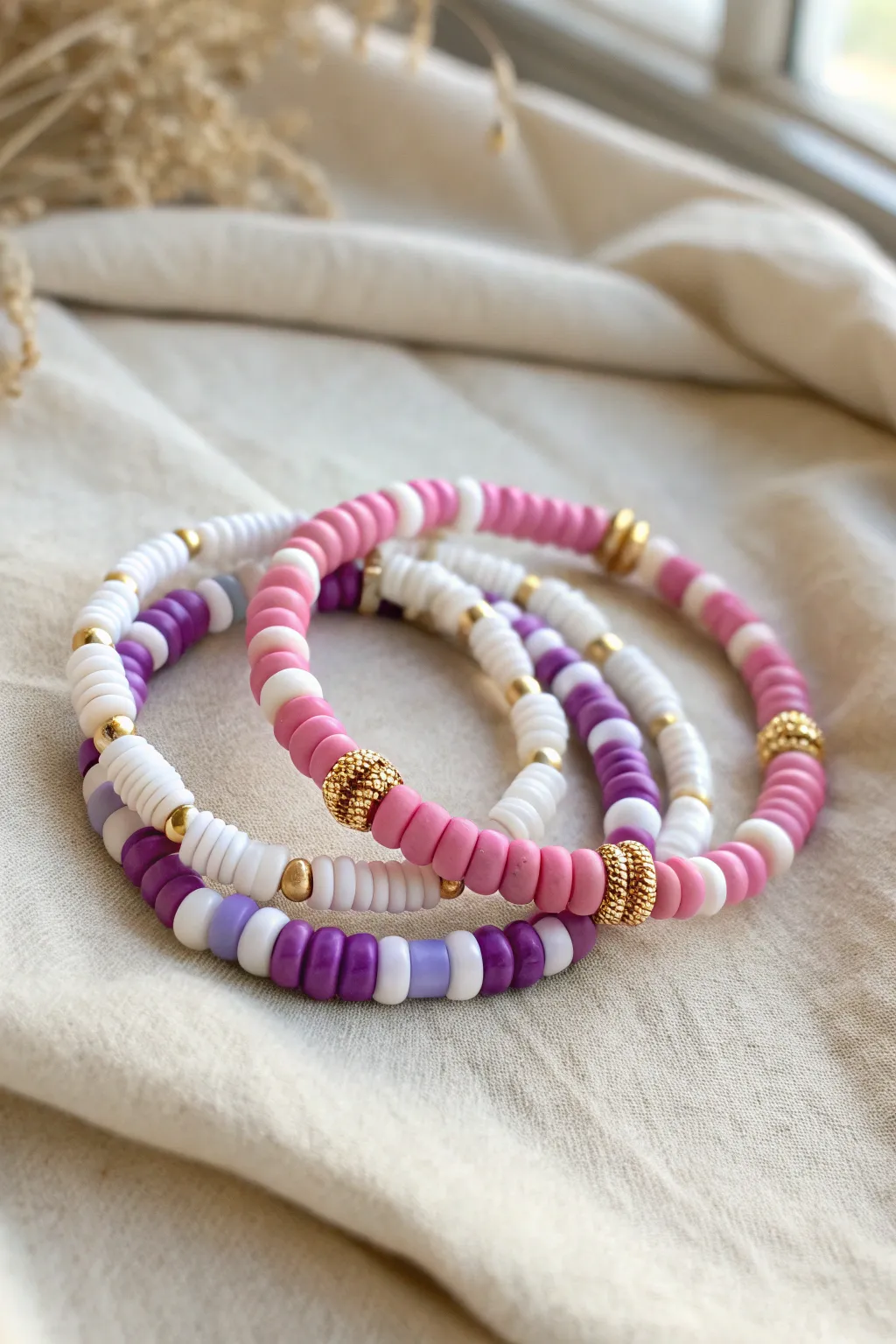 Preppy pink, purple, and white clay bead bracelets with gold spacers for subtle sparkle