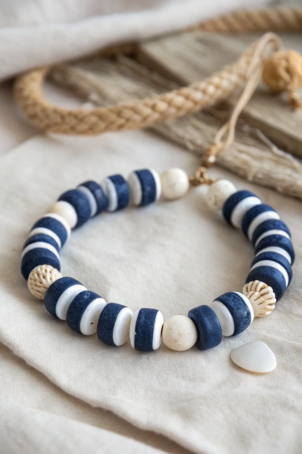 Navy and white striped clay disc bead bracelet with a soft coastal, minimalist vibe.