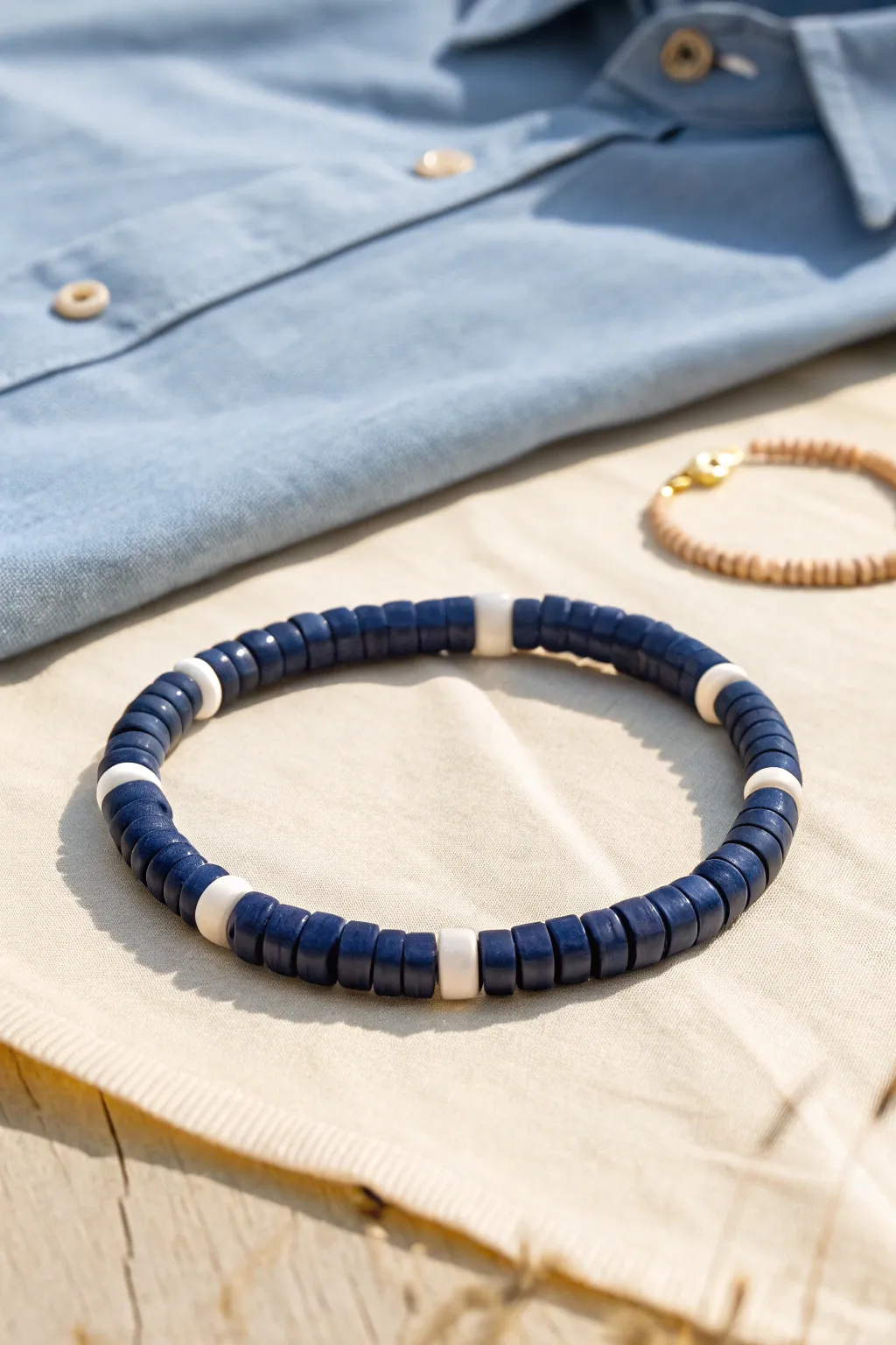 Navy heishi beads with a crisp white center block for a clean, modern guys bracelet.