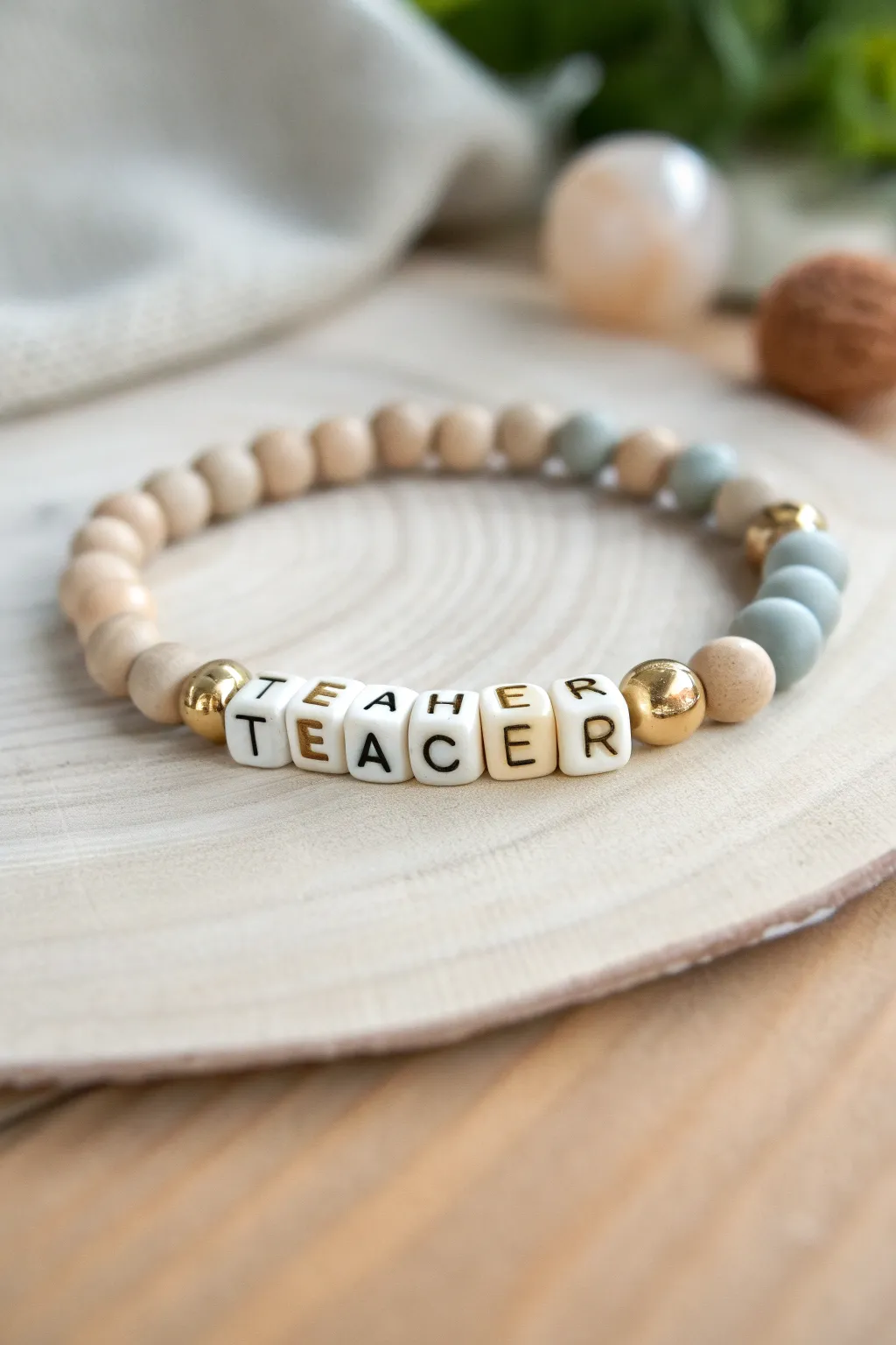 Minimal clay bead word bracelet gift for teachers in neutral tones with chic gold accents