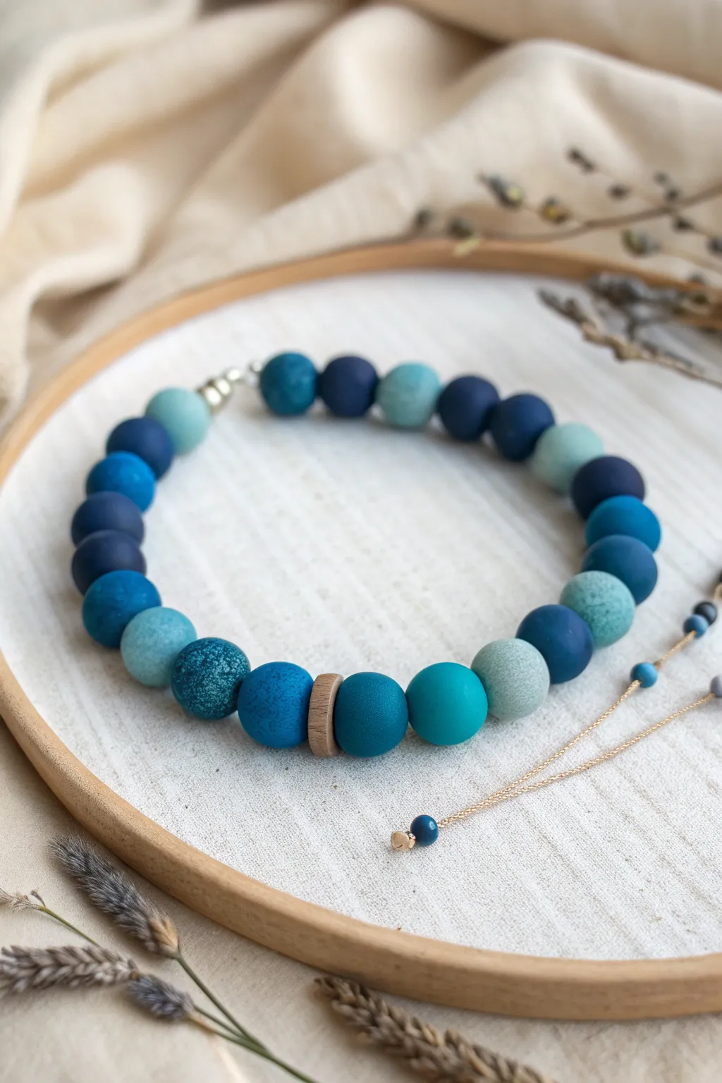 Monochrome blue clay bead bracelet from navy to turquoise, a bold pop with minimalist charm.