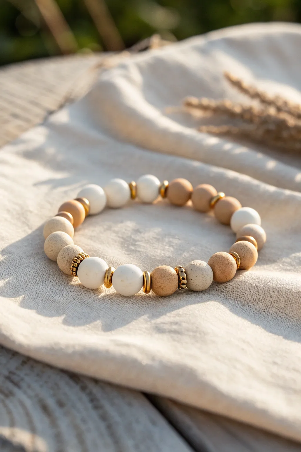Creamy clay beads with tiny gold spacers, glowing in warm summer light for a sun-kissed look.