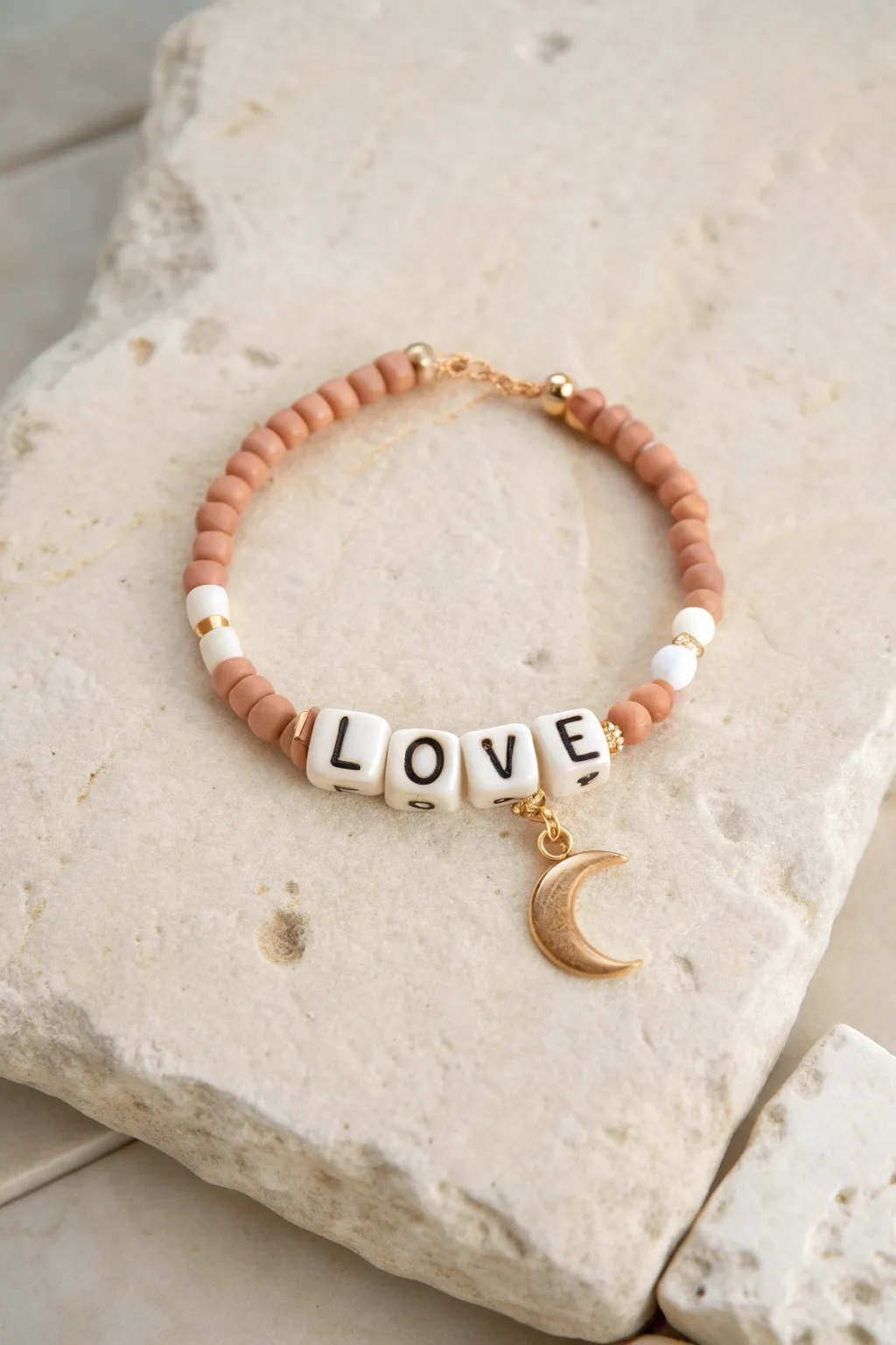 Minimal clay heishi bracelet with word beads and a tiny gold charm for a clean boho touch.
