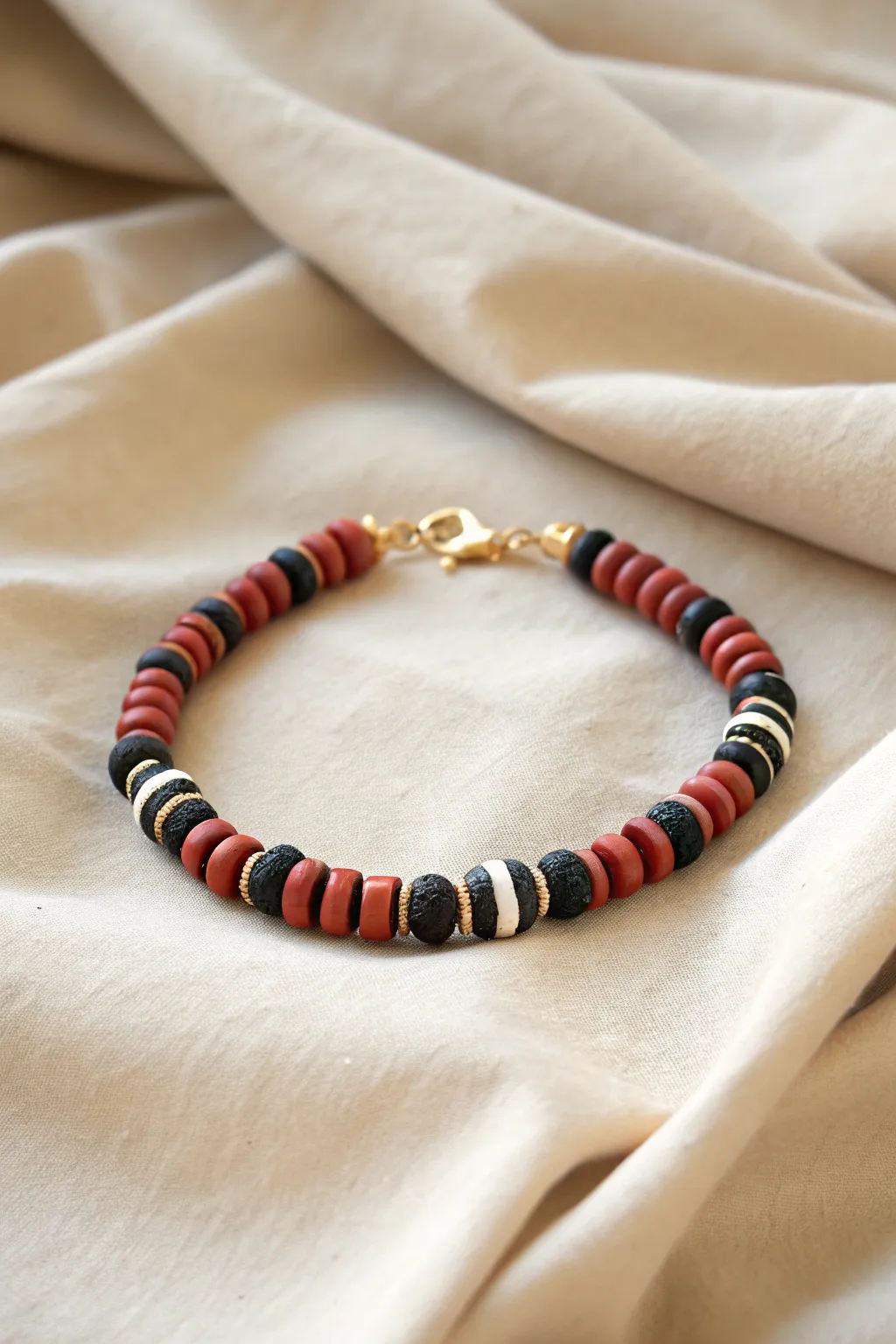 High-contrast black and terracotta striped clay bead bracelet, minimalist and bold with no white.