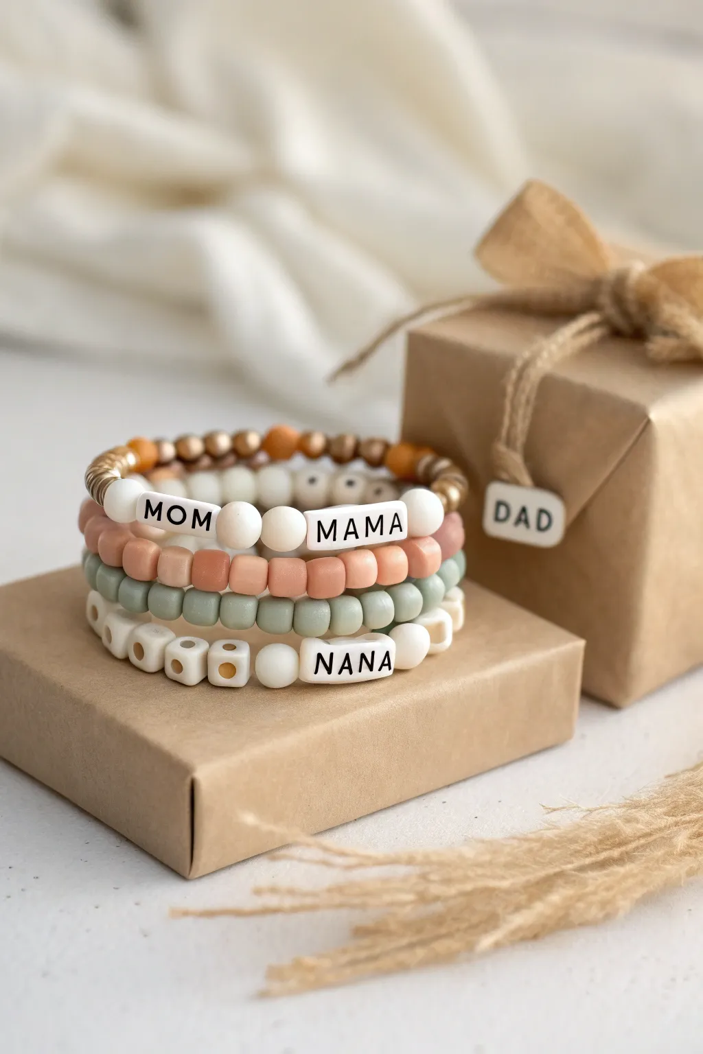 Neutral clay bead bracelets with Mom and Mama style letter beads, stacked on a simple gift box