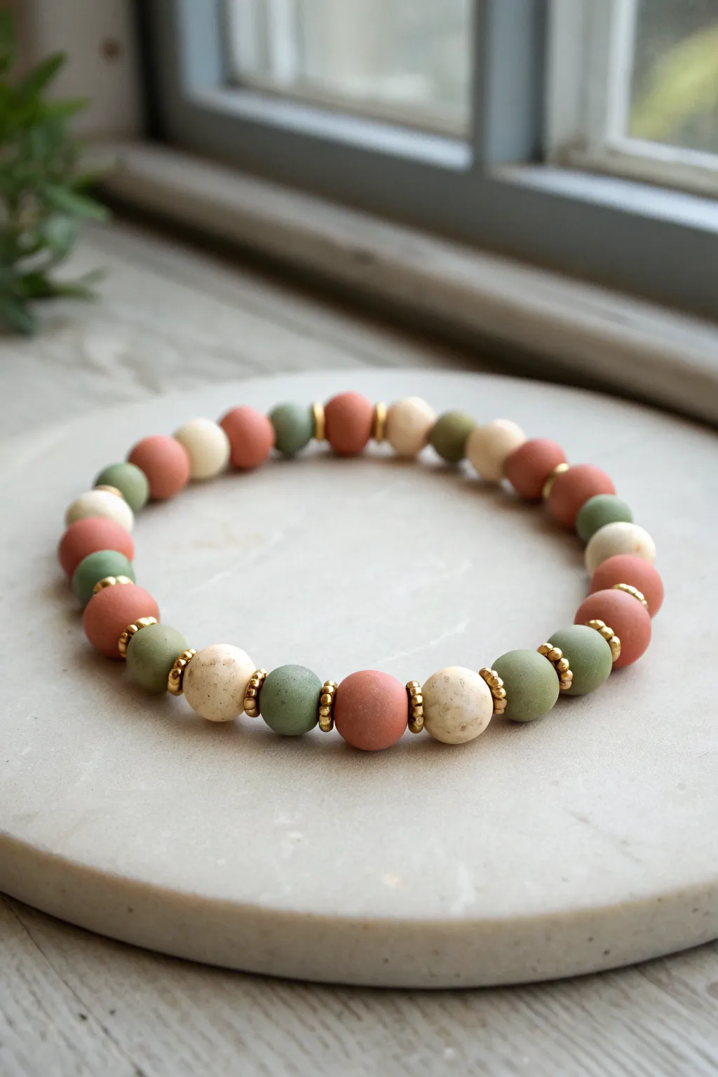 Bold color-block clay bead bracelet with gold spacers, styled simply on natural stone.