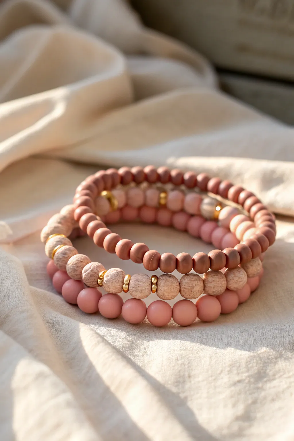 Monochrome blush clay bead stack with evenly spaced gold spacers for a warm, minimal glow
