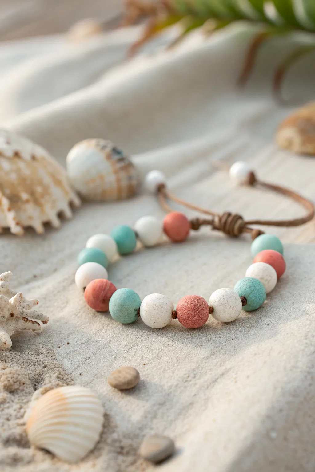 Beachy clay bead bracelet in aqua, coral, and white for an effortless coastal palette