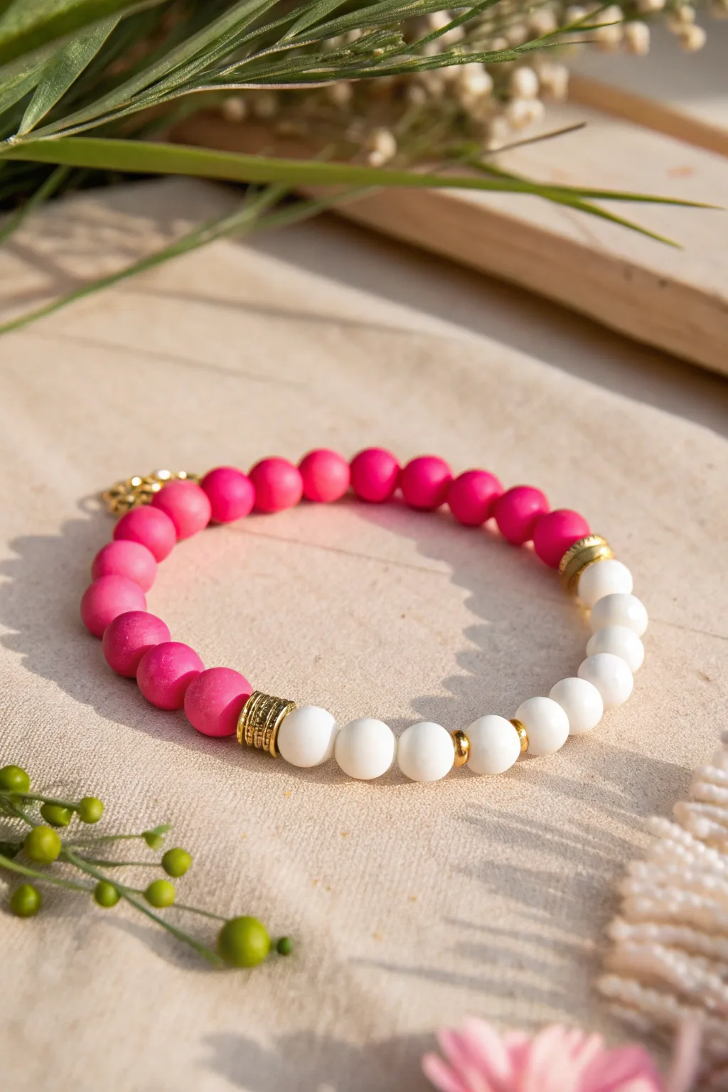 Hot pink and white color blocked clay bead bracelet with tiny gold spacers, minimalist charm