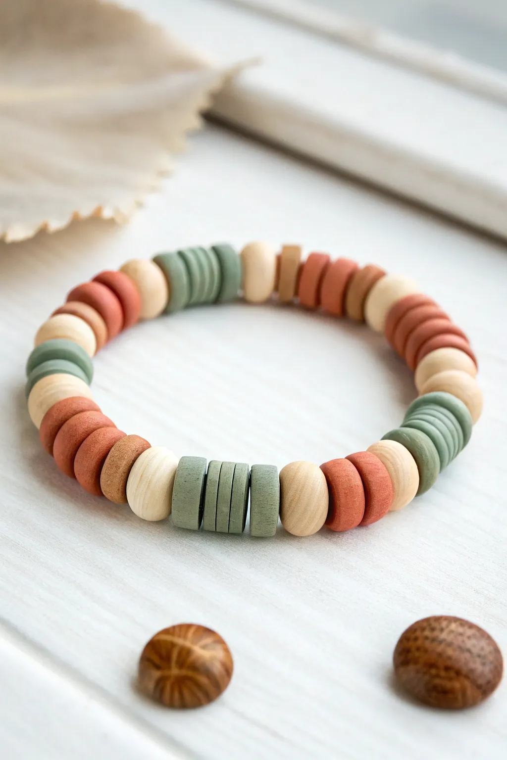 Bold color-block clay disc bead bracelet with clean sections and a soft minimalist boho feel.