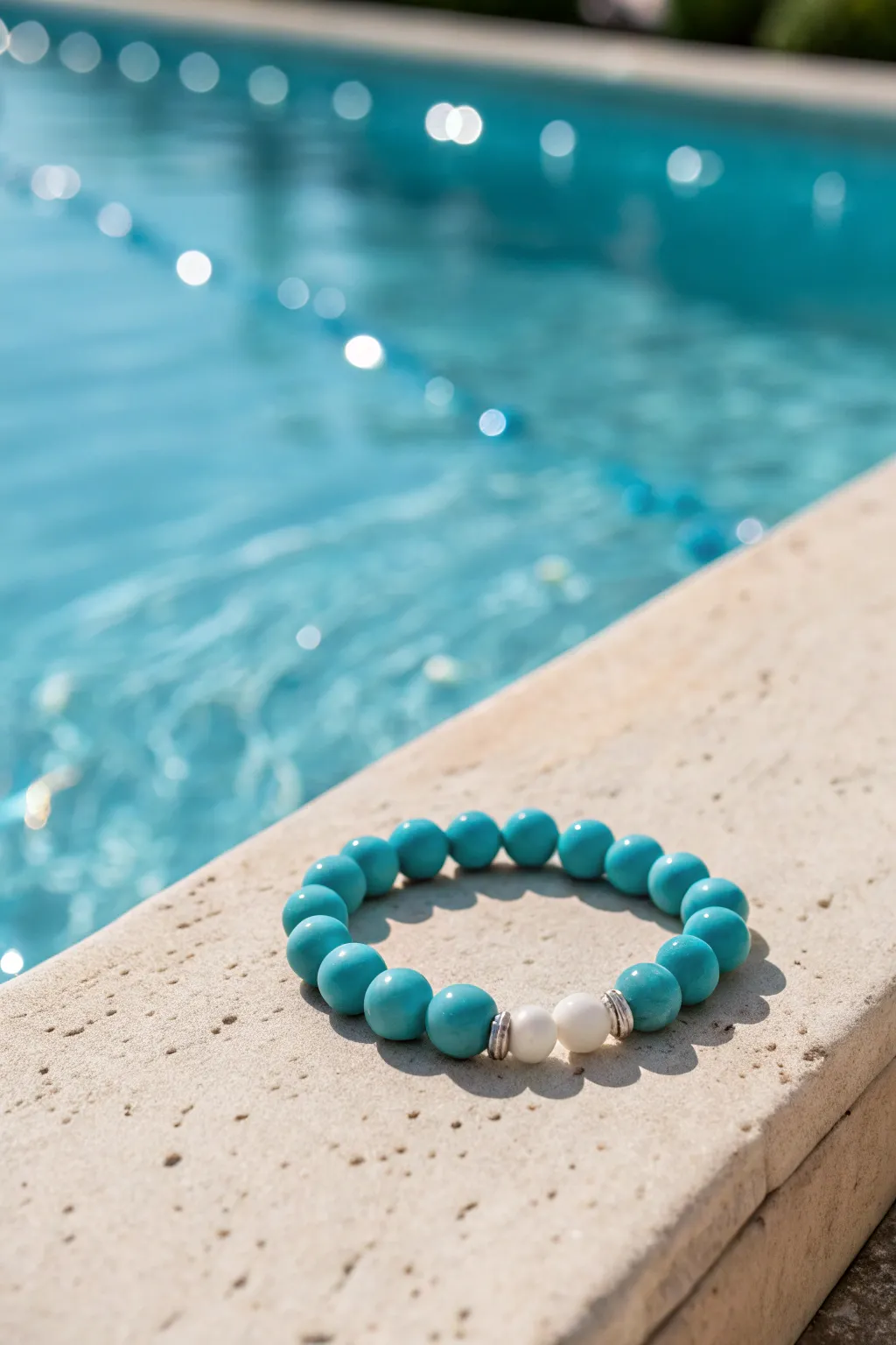 Turquoise clay bead bracelet by the pool, crisp white accents for a fresh minimalist pop