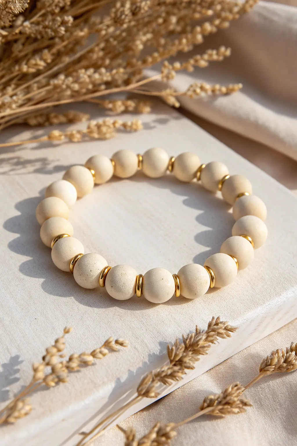 Monochrome clay bead bracelet elevated with evenly spaced gold spacers for a clean modern look