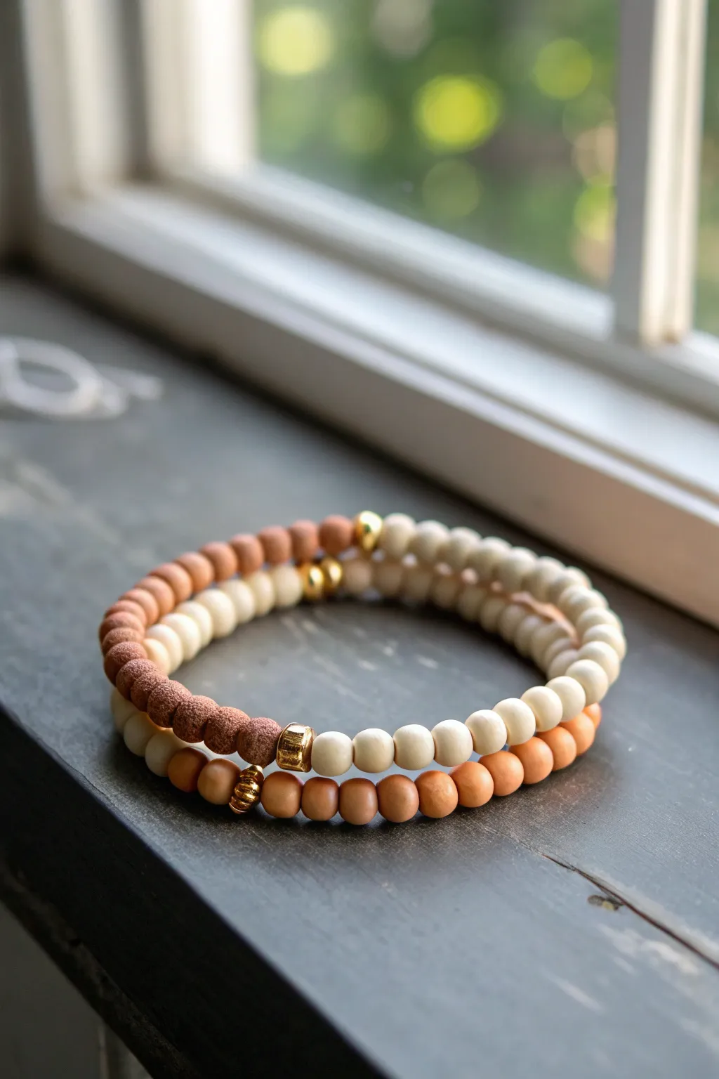 Neutral clay bead bracelet stack with gold spacers, minimal and elevated for everyday wear