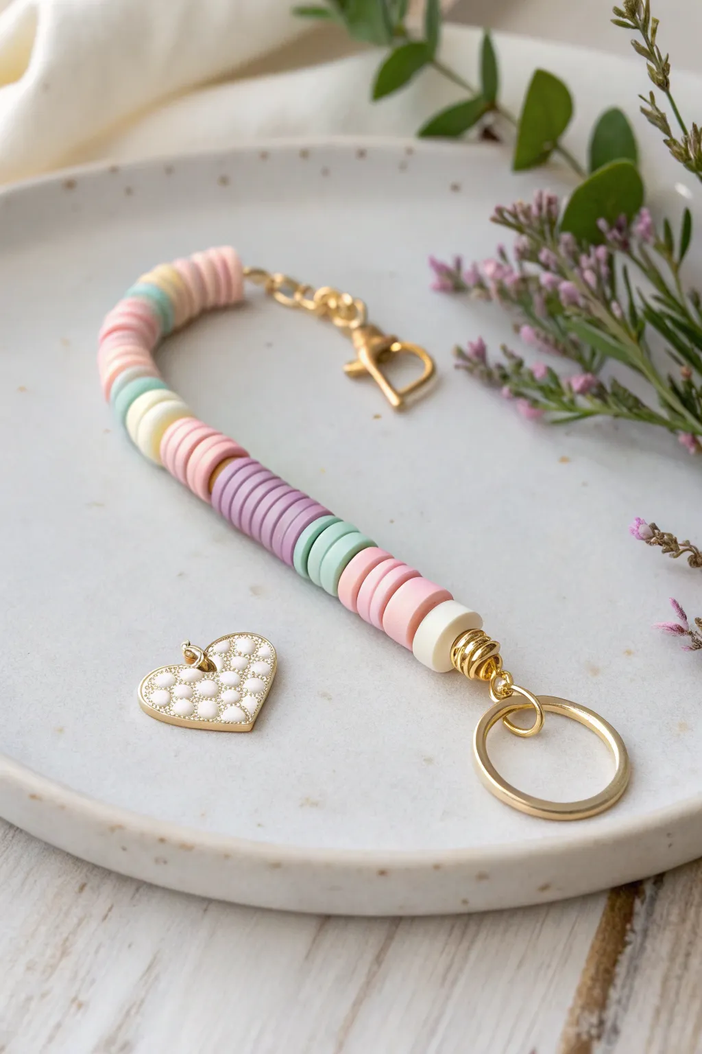Sweet pastel heishi bead wristlet keychain with a simple charm, minimal and handmade