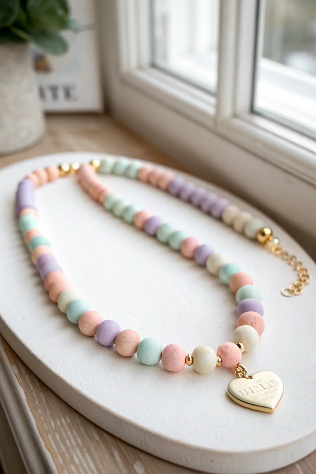 Pastel clay bead necklace with a tiny center charm, minimalist and sweet for everyday layering.