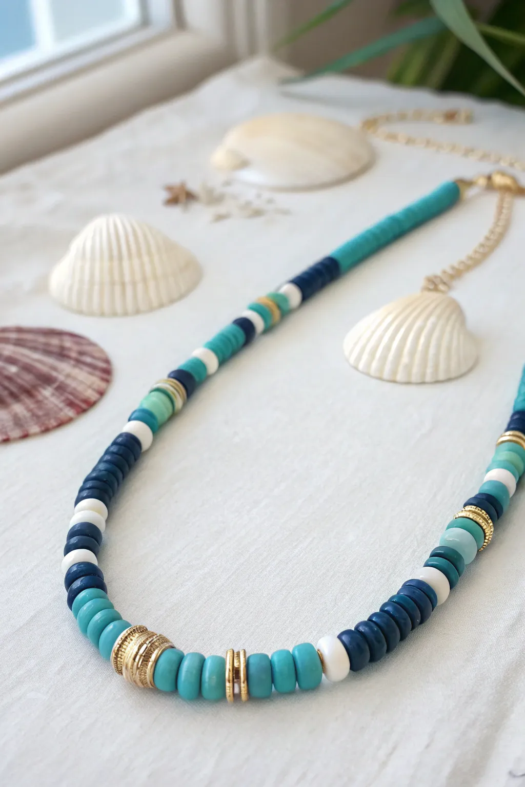 Ocean blue clay heishi necklace with seafoam accents for an effortless summer beach look